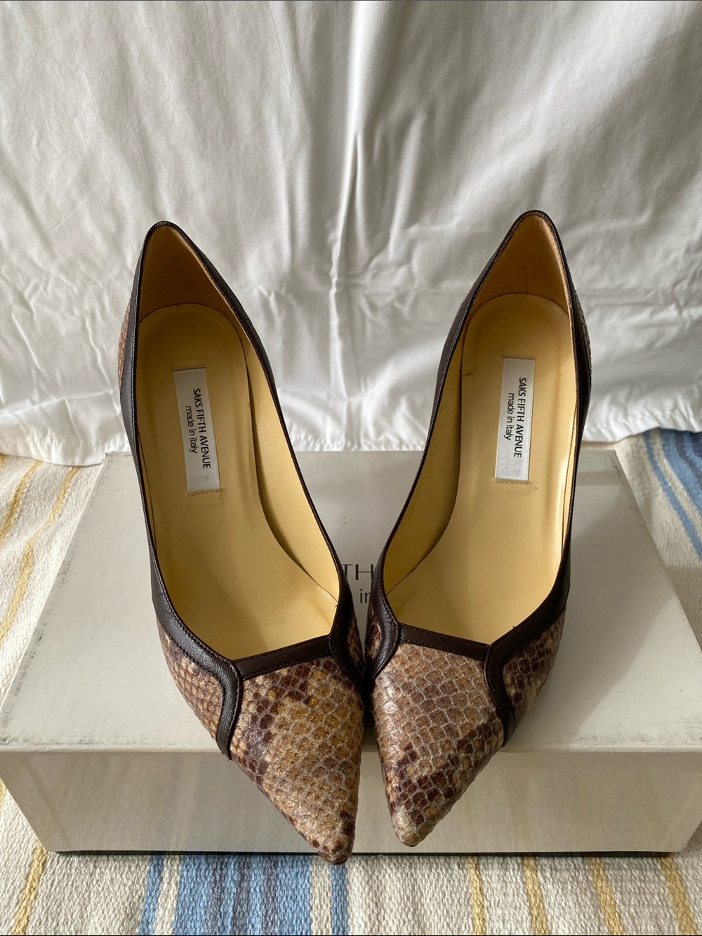 Saks Fifth Avenue Brown Snakeskin Pumps with Dark Trim